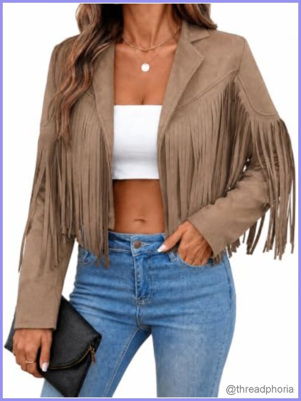 Faux Suede Leather Tassel Jacket Cropped Fringe Coat Western Cowgirl Outfit